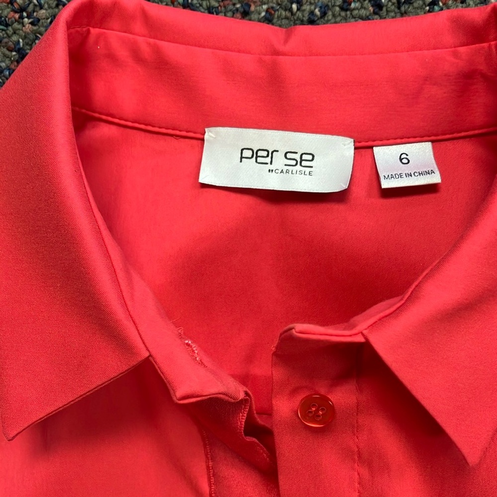 Per Se Red Casual Button Down Shirt Vibrant Cotton